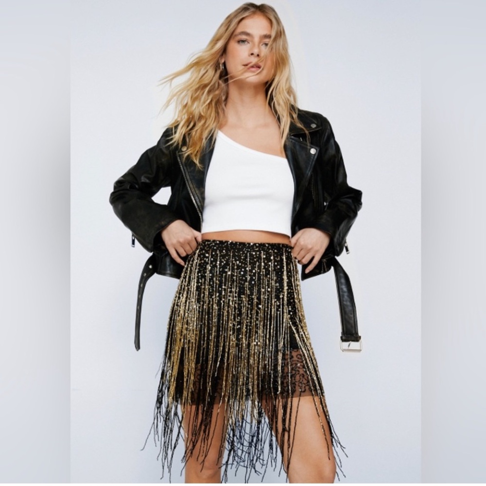 Nasty Gal Black Beaded Tassel‎ Icon Mini Skirt Sz. 14 NWT - Picture 4 of 10